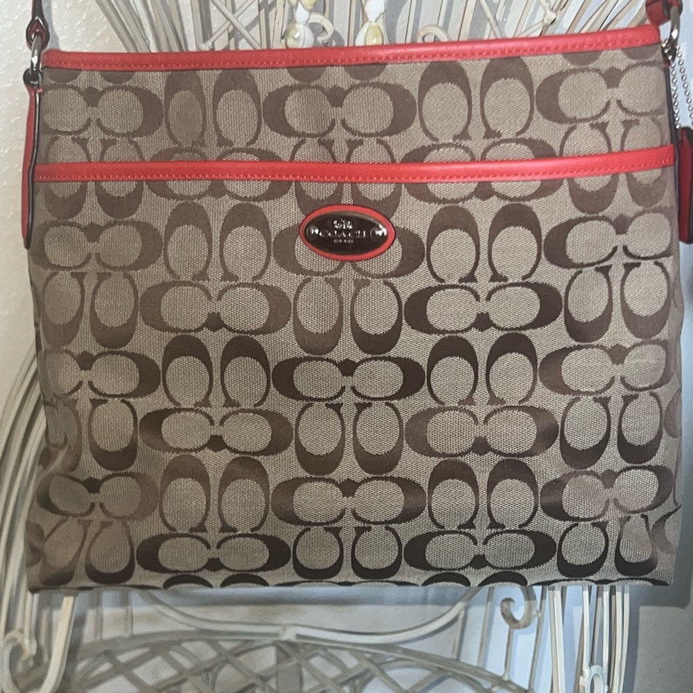 COACH Brown/Coral Orange Signature Canvas and Leather Crossbody Bag